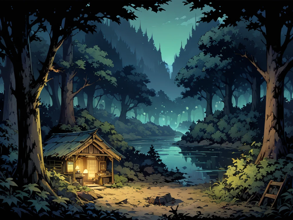 森林，森林被神秘的微光笼罩，森林有一个湖，湖周圍環繞著灌木叢和樹木，有一間破舊的小屋。夜晚，夜景。中景構圖，全景圖片，場景畫面，游戏概念艺术风格，动漫插画风格，高畫質，4k。