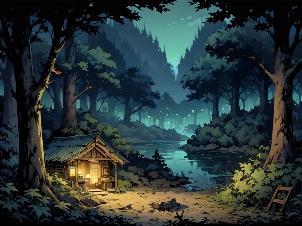 forest，forest被神秘的微光笼罩，forest有一个湖，The lake is surrounded by bushes and trees，There is a dilapidated cabin。night，Night view。Mid-ground composition，Panorama pictures，Scene screen，Game concept art style，Anime illustration style，HD，4K。