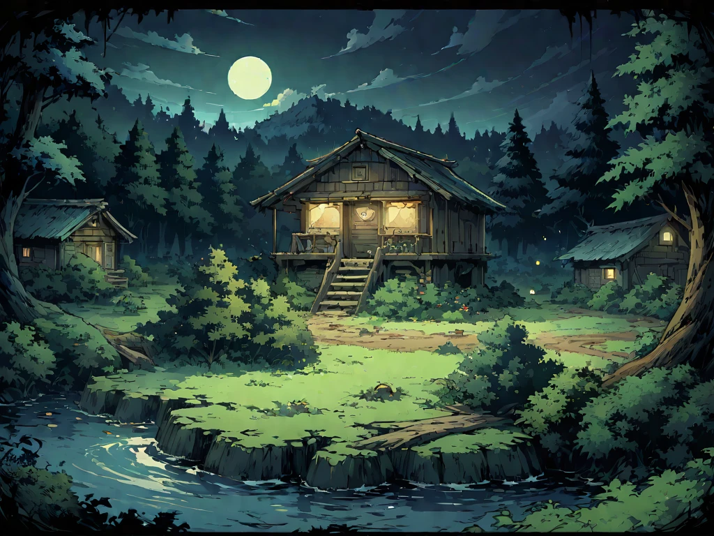 forest，The forest is shrouded in a mysterious glimmer，There is a lake in the forest，The lake is surrounded by bushes and trees，There is a dilapidated cabin。night，Night view。Mid-ground composition，Panorama pictures，Scene screen，Game concept art style，Anime illustration style，HD，4K。