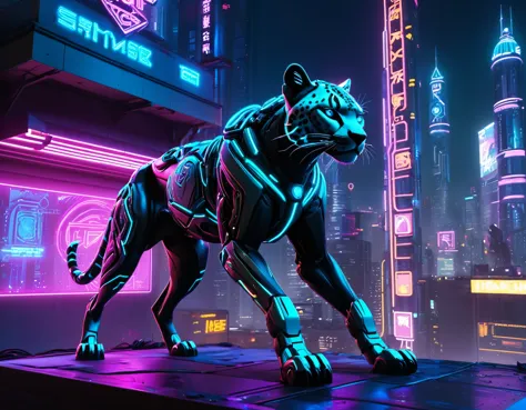 Cyber City, roof, Neon, Mechanical cheetah, Ambush Stance