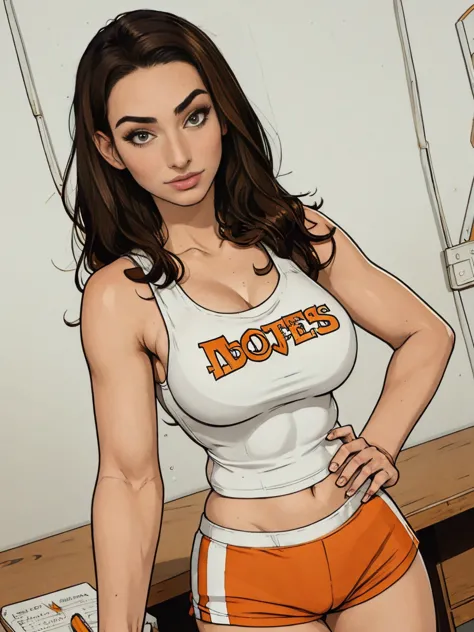 gorgeous and sultry busty athletic (thin) brunette with sharp facial features and a (large nose) wearing a (hooters uniform), wh...