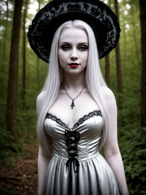 female sexy vampire|albino, pale porcelain skin, sexy vintage black dress, smile, shallow depth of field, grin|creepy, nightfall...