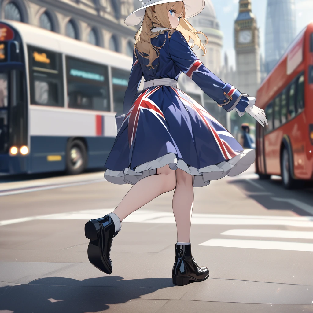 A woman wearing a blue dress with UK flag fabric, black boots, blonde hair, white madame hat, walking on the London city promenade, prime location in London, London bus in the background, blurred background, close view, blue eyes, UHD, prime work, accurate, anatomically correct, textured skin, super details, high quality, best quality, 8k, high resolution, bokeh effect . (woman alone)
