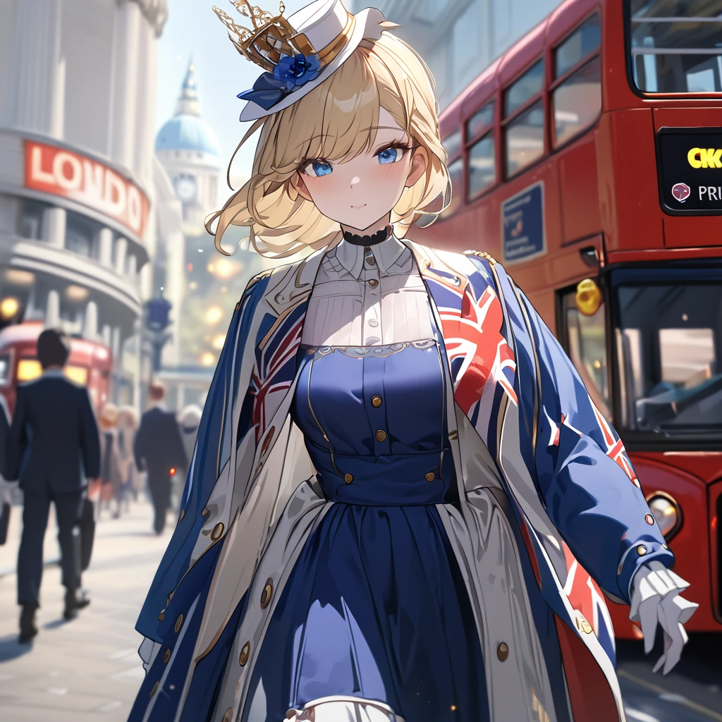 A woman wearing a blue dress with UK flag fabric, black boots, blonde hair, white madame hat, walking on the London city promenade, prime location in London, London bus in the background, blurred background, close view, blue eyes, UHD, prime work, accurate, anatomically correct, textured skin, super details, high quality, best quality, 8k, high resolution, bokeh effect . (woman alone)
