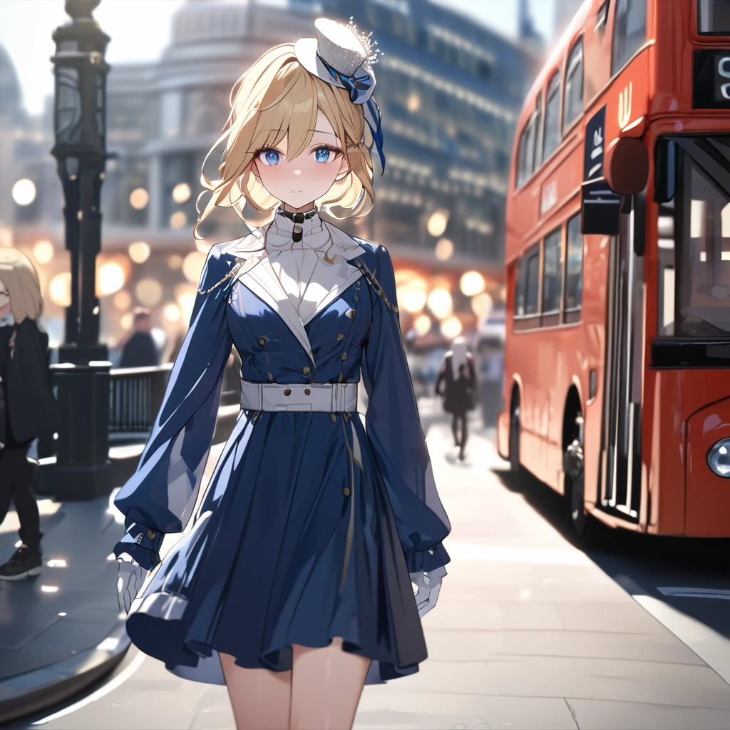 A woman wearing a blue dress with UK flag fabric, black boots, blonde hair, white madame hat, walking on the London city promenade, prime location in London, London bus in the background, blurred background, close view, blue eyes, UHD, prime work, accurate, anatomically correct, textured skin, super details, high quality, best quality, 8k, high resolution, bokeh effect . (woman alone)
