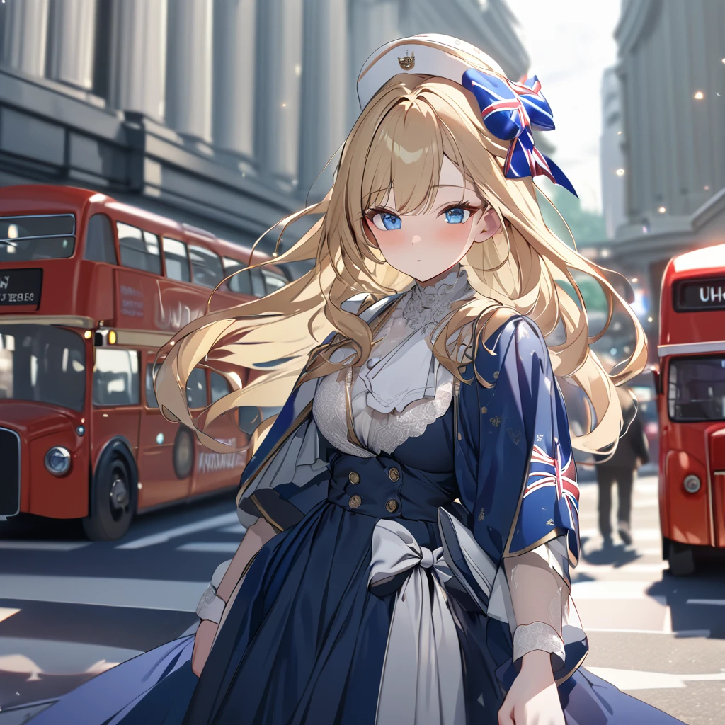 A woman wearing a blue dress with UK flag fabric, black boots, blonde hair, white madame hat, walking on the London city promenade, prime location in London, London bus in the background, blurred background, close view, blue eyes, UHD, prime work, accurate, anatomically correct, textured skin, super details, high quality, best quality, 8k, high resolution, bokeh effect . (woman alone)
