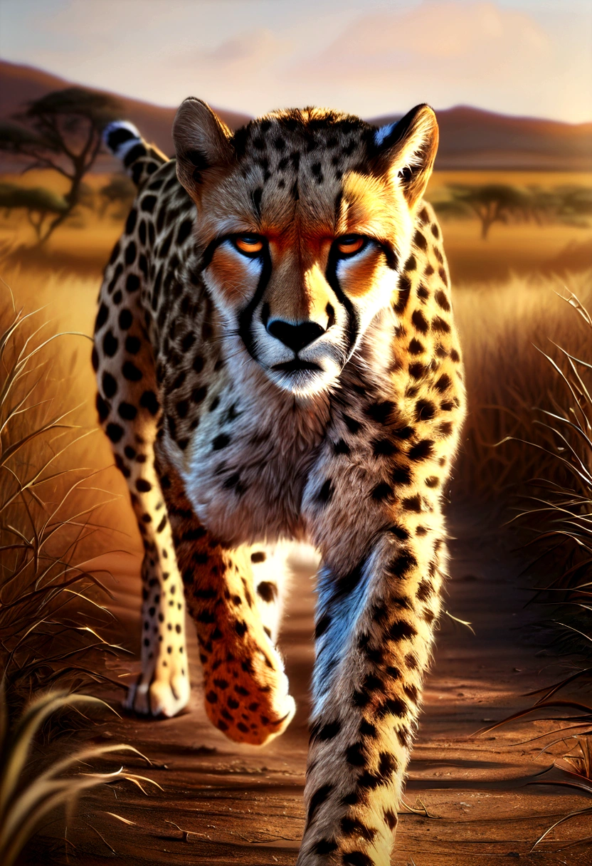 a cheetah running through a savanna, detailed fur texture, powerful muscles, intense gaze, photorealistic, 4k, highly detailed, volumetric lighting, dramatic shadows, vibrant colors, cinematic composition, (best quality,4k,8k,highres,masterpiece:1.2),ultra-detailed,(realistic,photorealistic,photo-realistic:1.37)