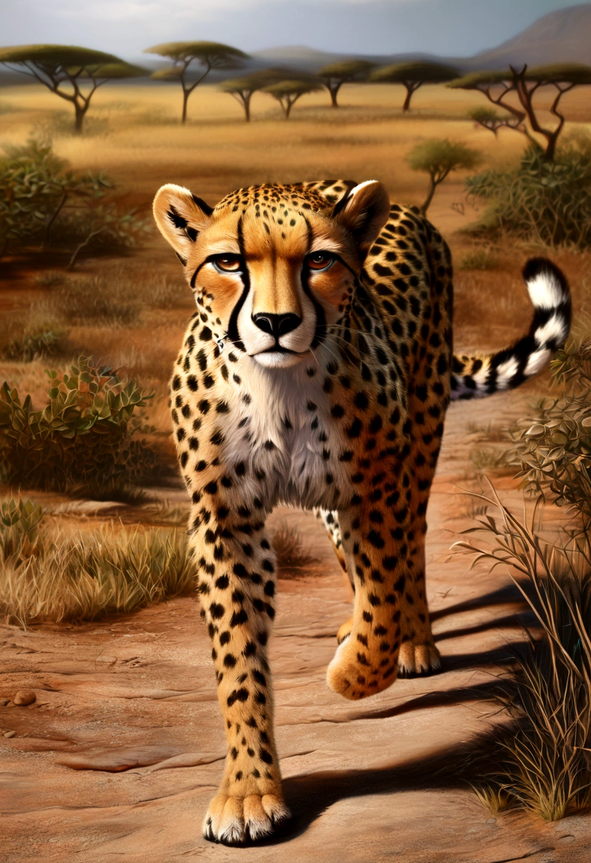 a cheetah running through a savanna, detailed fur texture, powerful muscles, intense gaze, photorealistic, 4k, highly detailed, volumetric lighting, dramatic shadows, vibrant colors, cinematic composition, (best quality,4k,8k,highres,masterpiece:1.2),ultra-detailed,(realistic,photorealistic,photo-realistic:1.37)