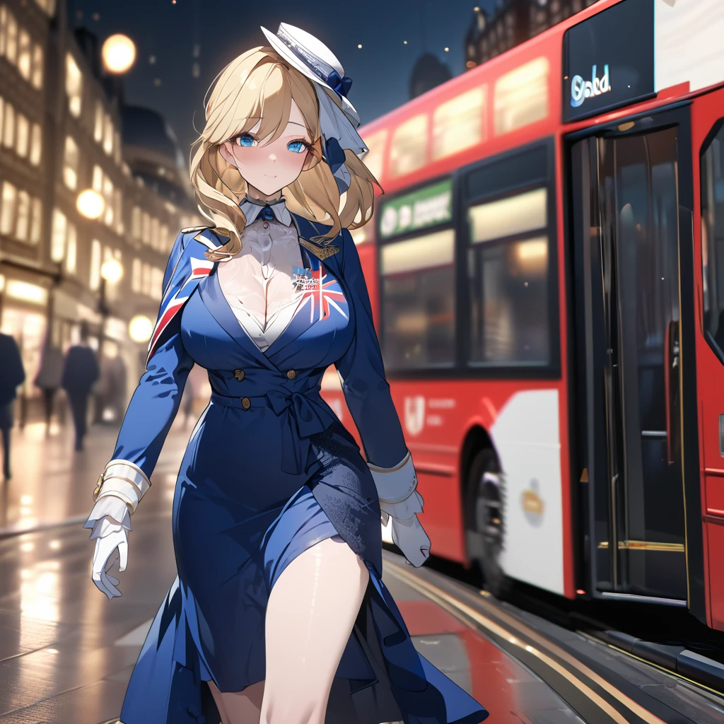 A woman, mature, big breast, wearing a blue dress with UK flag fabric, black boots, blonde hair, white madame hat, walking on the London city promenade, prime location in London, London bus in the background, blurred background, close view, blue eyes, UHD, prime work, accurate, anatomically correct, textured skin, super details, high quality, best quality, 8k, high resolution, bokeh effect . (woman alone)
