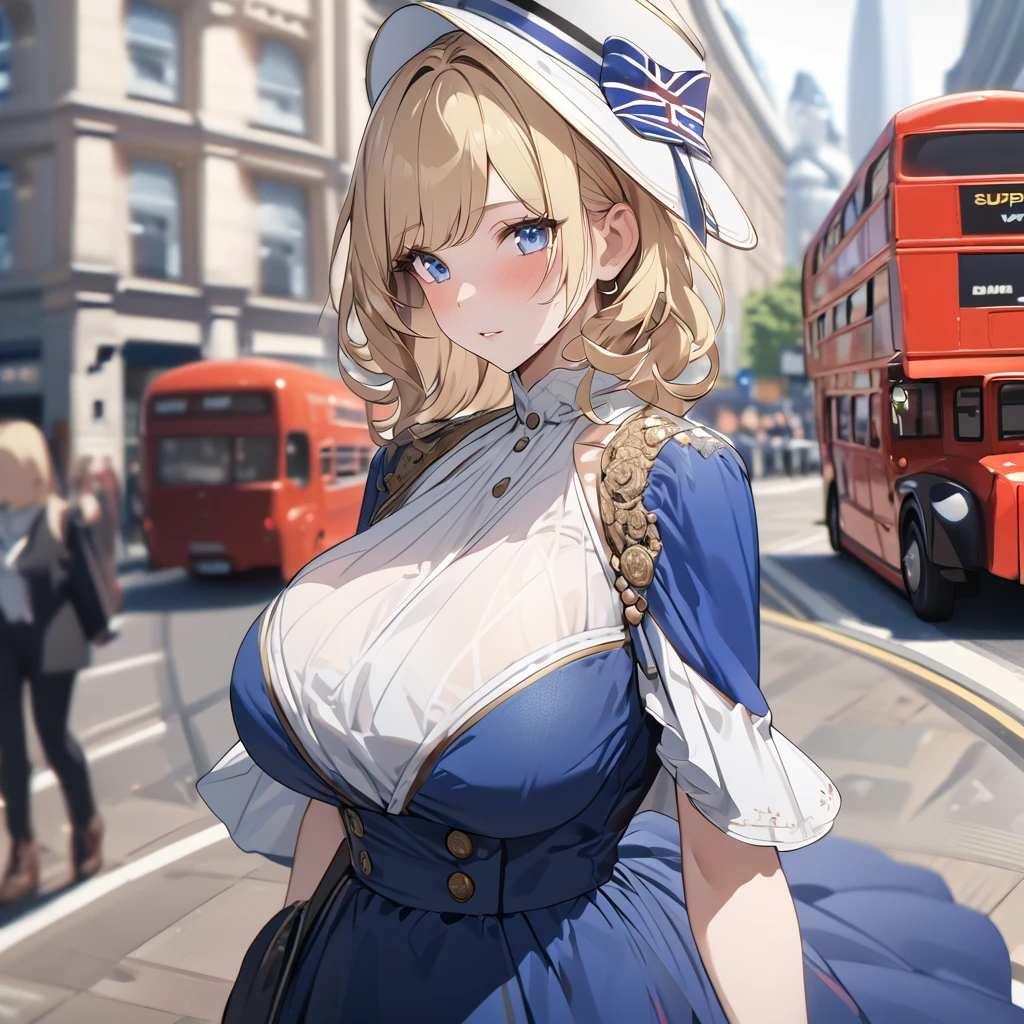 A woman, mature, big breast, wearing a blue dress with UK flag fabric, black boots, blonde hair, white madame hat, walking on the London city promenade, prime location in London, London bus in the background, blurred background, close view, blue eyes, UHD, prime work, accurate, anatomically correct, textured skin, super details, high quality, best quality, 8k, high resolution, bokeh effect . (woman alone)
