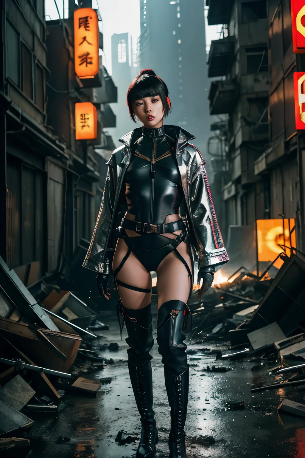 A powerful image captures an Asian model in a contemporary Japanese designer outfit, standing tall amidst the ruins of a decaying metropolis in a post-apocalyptic futuristic setting. She wears a kimono-inspired jacket made of high-tech metallic fabric with digital patterns and glowing circuitry, paired with a sleek, form-fitting black bodysuit with luminescent lines. Her knee-high reinforced boots and utility belt add to her resourceful look. With an edgy bob haircut, metallic silver eyeshadow, and deep matte red lips, she exudes strength and determination. The scene's crumbling buildings, overgrown flora, and flickering neon signs create a visually stunning and thought-provoking backdrop.






