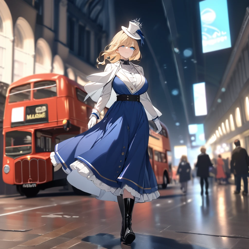 A woman, mature, big breast, wearing a blue dress with UK flag fabric, black boots, blonde hair, white madame hat, walking on the London city promenade, prime location in London, London bus in the background, blurred background, close view, blue eyes, UHD, prime work, accurate, anatomically correct, textured skin, super details, high quality, best quality, 8k, high resolution, bokeh effect . (woman alone)
