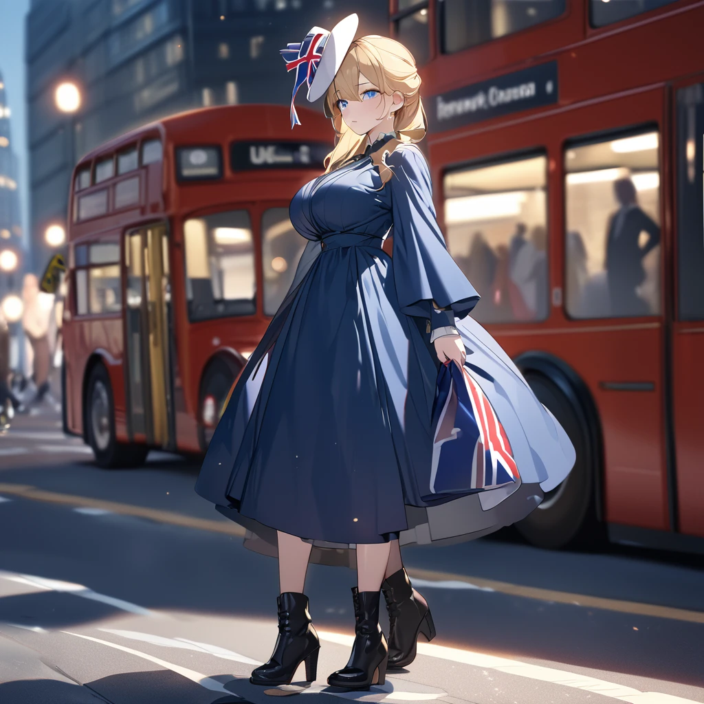 A woman, mature, big breast, wearing a blue dress with UK flag fabric, black boots, blonde hair, white madame hat, walking on the London city promenade, prime location in London, London bus in the background, blurred background, close view, blue eyes, UHD, prime work, accurate, anatomically correct, textured skin, super details, high quality, best quality, 8k, high resolution, bokeh effect . (woman alone)
