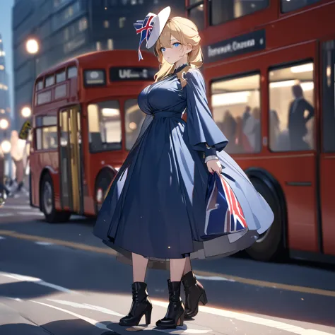 a woman, mature, big breast, wearing a blue dress with uk flag fabric, black boots, blonde hair, white madame hat, walking on th...