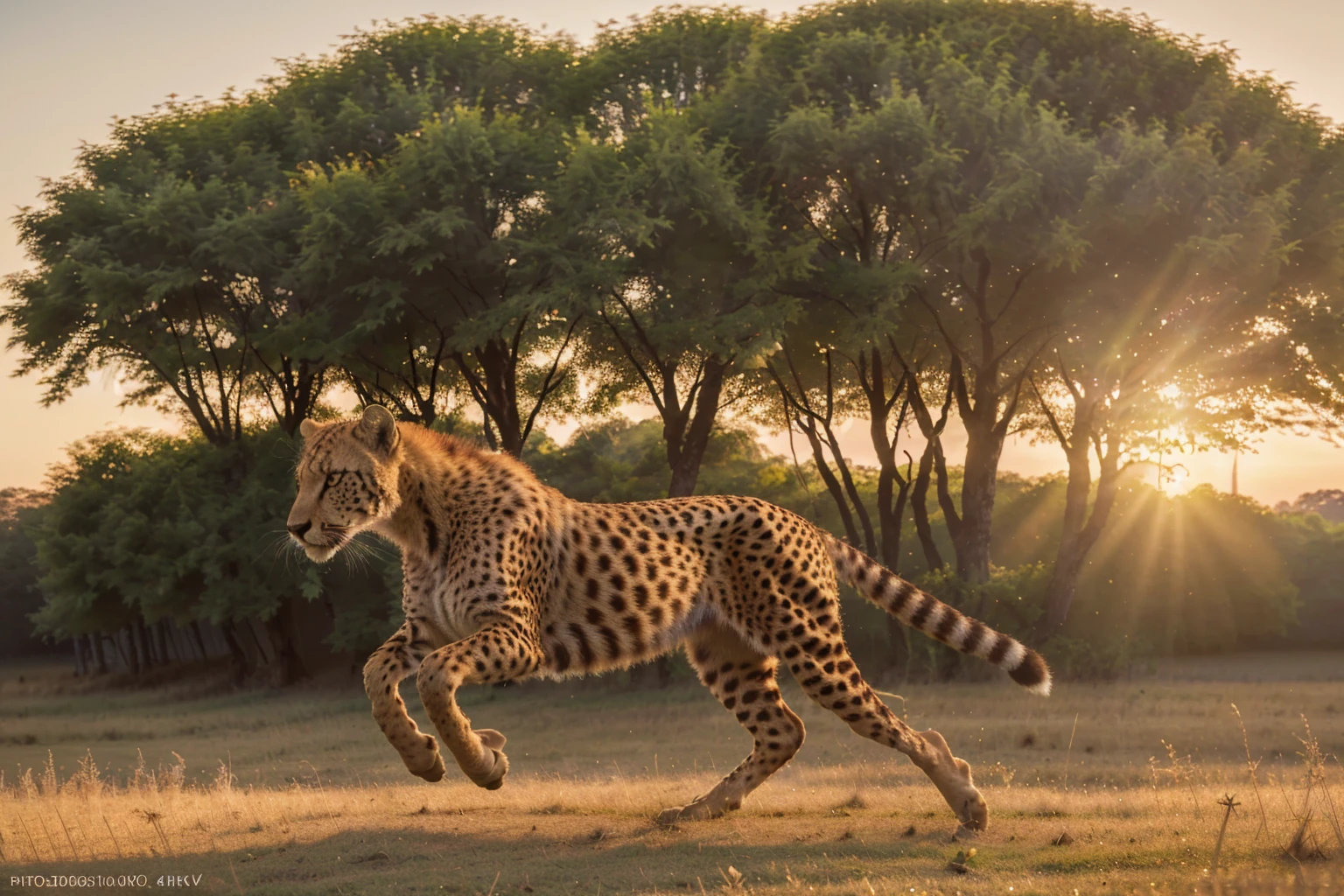 (best quality,4k,8k,highres,masterpiece:1.2),ultra-detailed,(realistic,photorealistic,photo-realistic:1.37),cheetah,muscular defined body,sharp intense eyes,running across grassland,sunset rays,high-speed motion blur,wildlife photography,rich details,HD quality,3D rendering,vivid colors,studio lighting