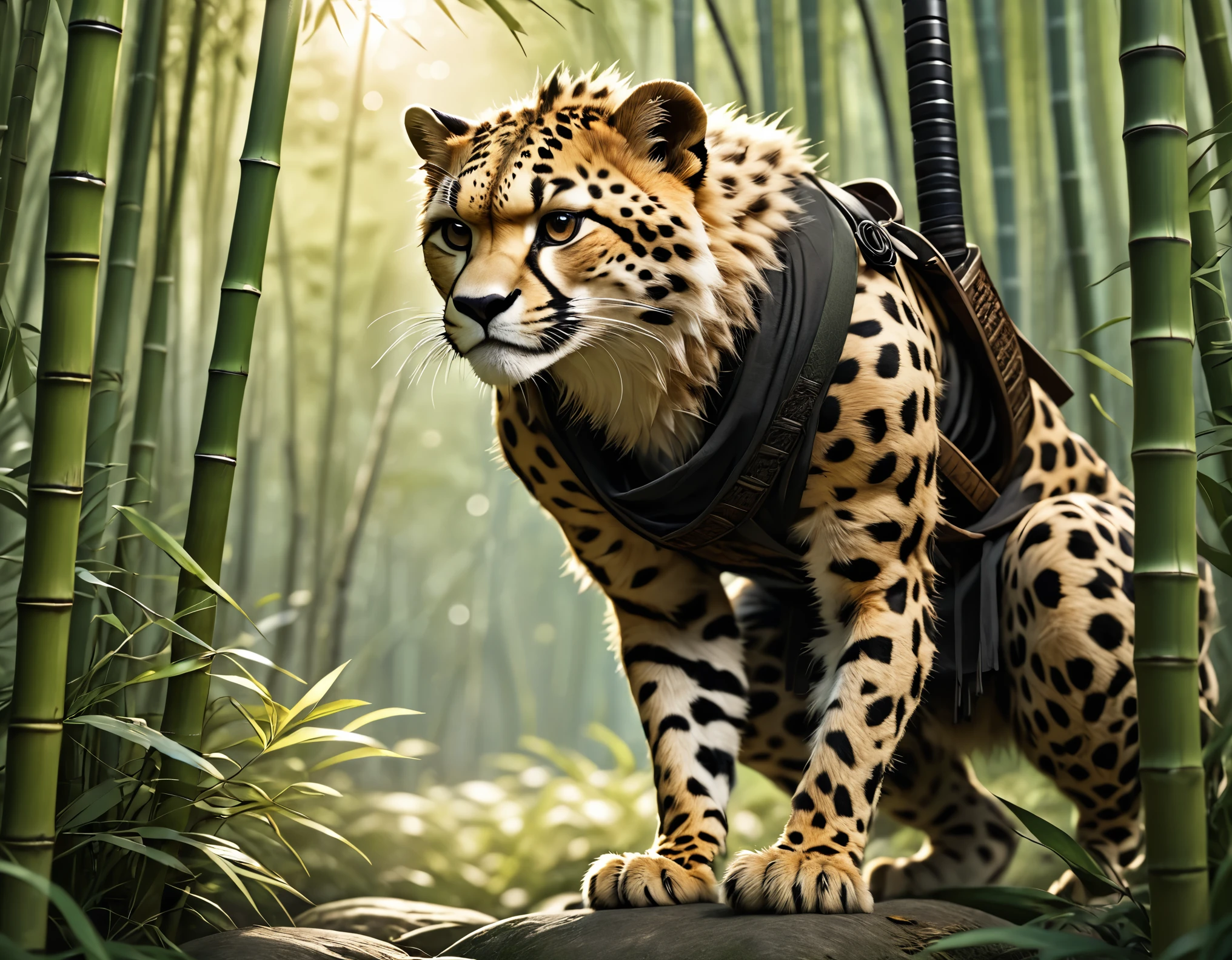 a ninja cheetah crouching in an ambush stance in a bamboo forest at dusk, detailed fur, detailed facial features, japanese torii gate, photorealistic, 8k, high quality, cinematic lighting, dramatic shadows, vibrant colors, mystical atmosphere