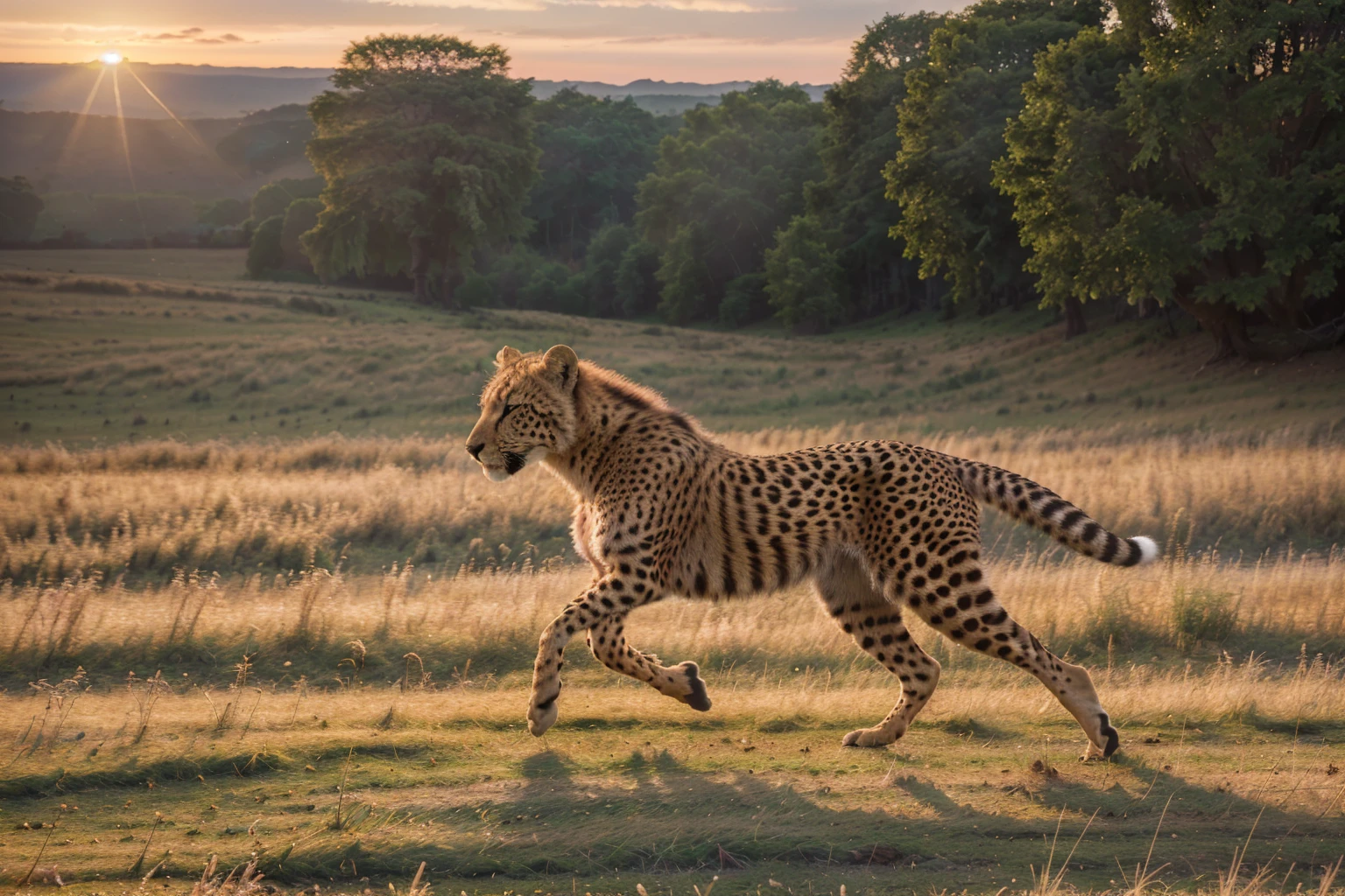 (best quality,4k,8k,highres,masterpiece:1.2),ultra-detailed,(realistic,photorealistic,photo-realistic:1.37),cheetah,muscular defined body,sharp intense eyes,running across grassland,sunset rays,high-speed motion blur,wildlife photography,rich details,HD quality,3D rendering,vivid colors,studio lighting