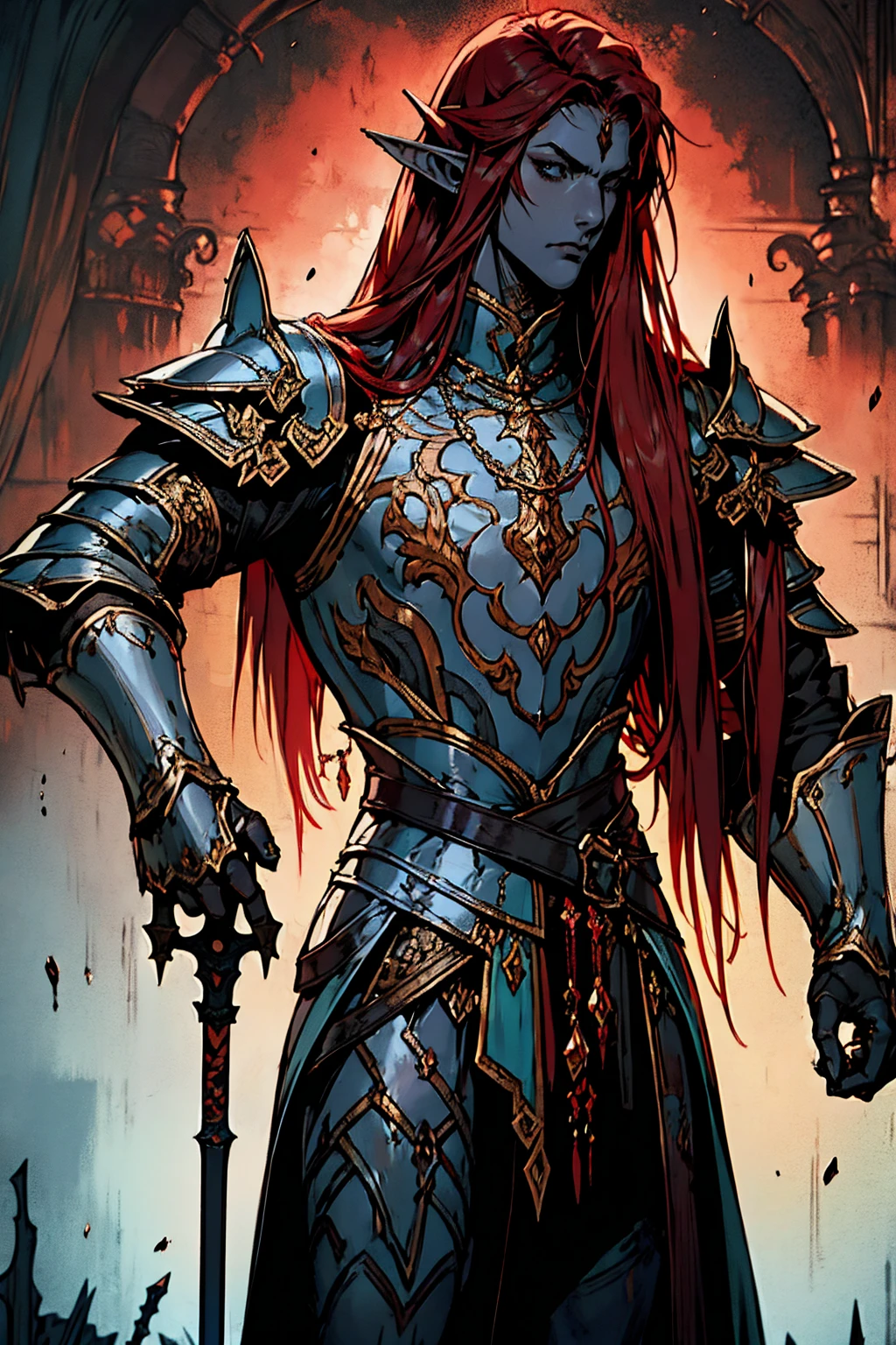 work of art, best qualityer, 1 men, grown-up, male focus, standing alone, red hair, long hair, vibrant green eyes, gray skin, dark elf, ebony plus, dark elf, heavy armor, male, cloak, darkskin, war cry, Fantasy aesthetic, highy detailed, shadowverse style, elf ear, elf knight armor. Holding Chinese halberd, going, writing, lying down, standing, on your back, fighting, dynamic poses. Get ready to dive into a world where beauty and craftsmanship merge perfectly