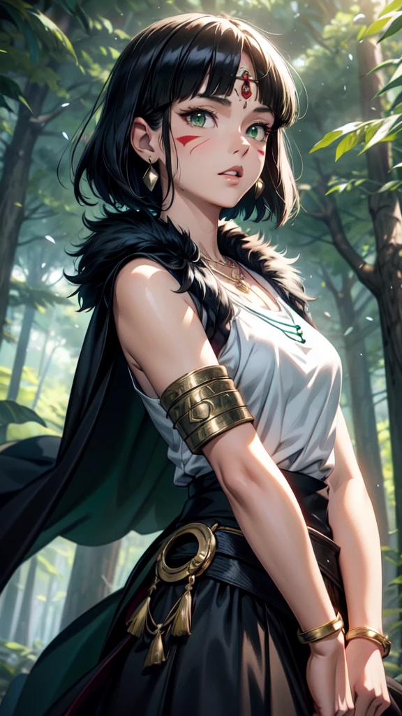 mj3d style,3dmm,3d,(masterpiece, best quality:1.1), ghibli style, san (mononoke hime), 1girl, armlet, bangs, black hair, black undershirt, breasts, cape, circlet, earrings, facepaint, floating hair, forest, fur cape, green eyes, jewelry, looking at viewer, medium breasts, nature, necklace, outdoors, parted bangs, shirt, short hair, sleeveless, sleeveless shirt, solo, tooth necklace, tree, upper body, white shirt