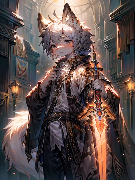 a male wolf-like humanoid angel with a damaged golden halo, wearing a white robe with golden floral patterns and a black tattere...