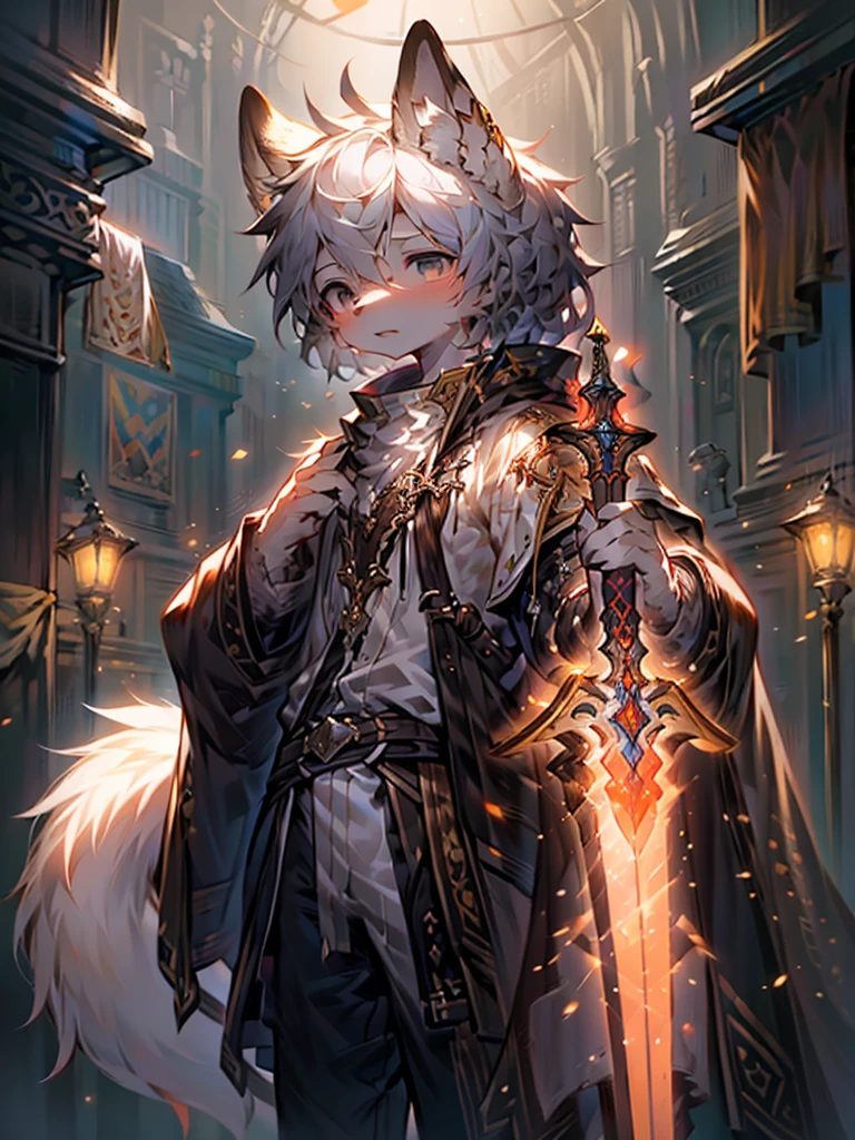 a male wolf-like humanoid angel with a damaged golden halo, wearing a white robe with golden floral patterns and a black tattered hem, white pants, and a pair of bony black-feathered wings, standing alone in a foggy, dilapidated background, holding a silver knight's sword in one hand, with black liquid dripping from his black eye sockets and black-and-white long hair, (best quality,4K,8K,highres,masterpiece:1.2),ultra-detailed,(realistic,photorealistic,photo-realistic:1.37),extremely detailed eyes and face,longeyelashes,detailed feathers,dramatic lighting,cinematic composition,dark fantasy,moody atmosphere,muted colors,clair obscur，Stand in an open area，Silver sword，Somewhat sad look，No underwear，