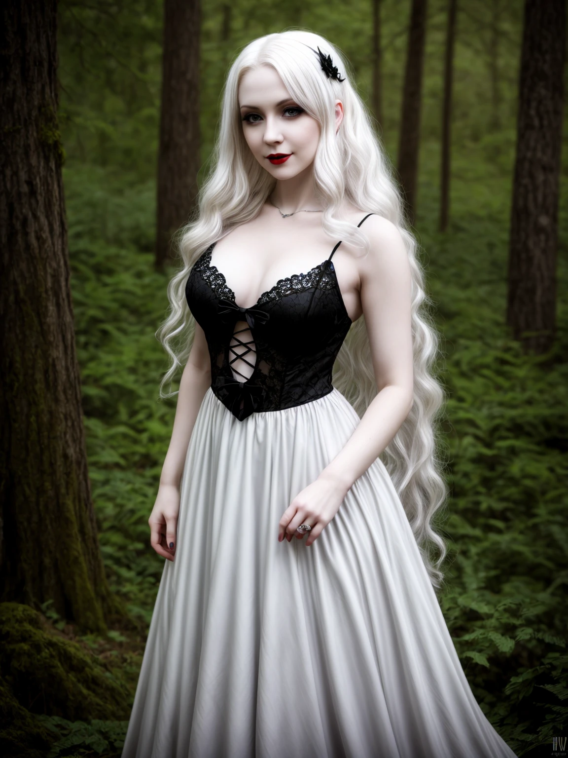 female sexy vampire|albino, pale porcelain skin, sexy vintage black dress, smile, shallow depth of field, grin|creepy, nightfall, detailed face, night, wide hips, narrow waist, portrait of woman standing, detailed eyes, portrait of woman standing, 8k RAW photo, highest quality, looking at the viewer, best shadow, intricate details, long hair, bright eyes, forest, grave, gothic, goth detailed, highres, high qualilty, high saturation