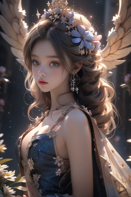 4K Ultra HD, Masterpiece, a young woman, good face, Detailed eyes, detailed lips, Flower Fairy, big wings, clear wings, neon light, (Galaxy Background:1.5), (Flower dress:1.8), (Indigo set:1.5), In heaven, sit,