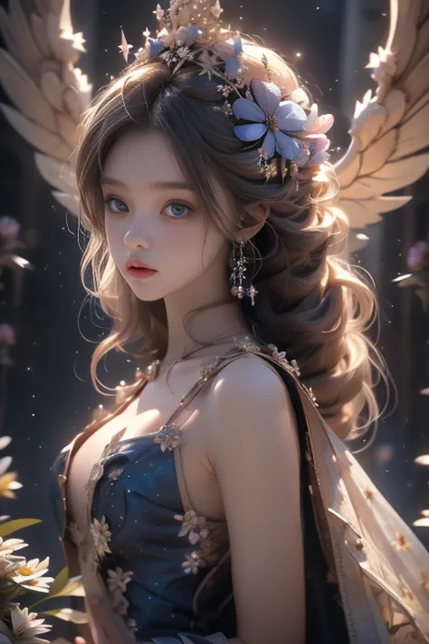 4K Ultra HD, Masterpiece, a young woman, good face, Detailed eyes, detailed lips, Flower Fairy, big wings, clear wings, neon lig...