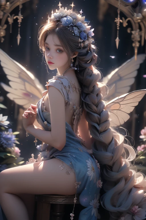 4K Ultra HD, Masterpiece, a young woman, good face, Detailed eyes, detailed lips, Flower Fairy, big wings, clear wings, neon light, (Galaxy Background:1.5), (Flower dress:1.8), (Indigo set:1.5), In heaven, sit,