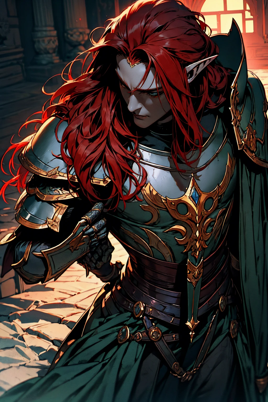 work of art, best qualityer, 1 men, grown-up, male focus, standing alone, red hair, long hair, vibrant green eyes, dark elf, ebony plus, dark elf, heavy armor, male, cloak, darkskin, war cry, Fantasy aesthetic, highy detailed, shadowverse style, elf ear, elf knight armor. Holding Chinese halberd, going, writing, lying down, standing, on your back, fighting, dynamic poses. Get ready to dive into a world where beauty and craftsmanship merge perfectly