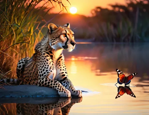 High Resolution, High Quality , Masterpiece. Savannah sunrise, cheetah seated by calm lake, reflection captured with sharp focus...