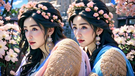 Blue sky and white clouds，Yunshan is far away、tower and many people，pink flowers，Cherry tree，Hanfu woman,Phoenix Crown Tiara、Det...