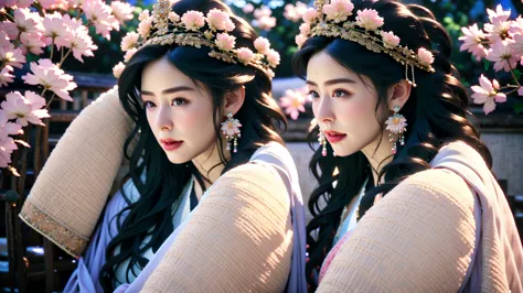 Blue sky and white clouds，Yunshan is far away、tower and many people，pink flowers，Cherry tree，Hanfu woman,Phoenix Crown Tiara、Det...