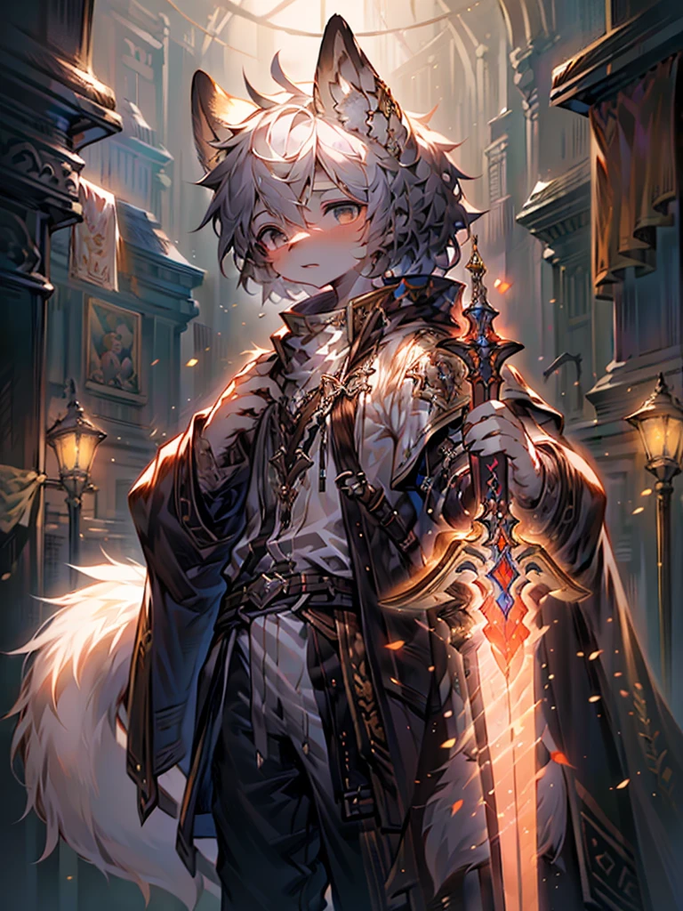 a male wolf-like humanoid angel with a damaged golden halo, wearing a white robe with golden floral patterns and a black tattered hem, white pants, and a pair of bony black-feathered wings, standing alone in a foggy, dilapidated background, holding a silver knight's sword in one hand, with black liquid dripping from his black eye sockets and black-and-white long hair, (best quality,4K,8K,highres,masterpiece:1.2),ultra-detailed,(realistic,photorealistic,photo-realistic:1.37),extremely detailed eyes and face,longeyelashes,detailed feathers,dramatic lighting,cinematic composition,dark fantasy,moody atmosphere,muted colors,clair obscur，Stand in an open area，Silver sword，Somewhat sad look，No underwear，Coat open