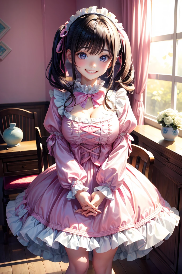 (Highest quality、masterpiece、8k、Best image quality、Hyperrealism、Award-winning works)、One Lolita girl、(alone:1.1)、(1 photo:1.1)、(Cute and girly light pink ruffled open chest lolita dress:1.2)、Girly lace decoration、Cute frill decoration、Cute wavy hair、(Low length:1.1)、(height: 140cm:1.1)、(Big Breasts:1.3)、(Cleavage:1.3)、(Cute heart ornament:1.1)、Lots of cute frills、Big cute ribbon、Accentuate your body lines、Slender body、(Intricate lolita room background with lots of pastel colored furniture:1.1)、(Light blue and light pink lolita dream room:1.1)、(Lots of cute pastel-colored furniture:1.2)、(Cute light blue chest:1.2)、(Cute light blue desk:1.2)、(Cute light pink dressing table:1.3)、(Lots of cute furniture, Perfectly organized:1.1)、(Cute girly curtains in pastel colors:1.1)、(very bright and vivid:1.1)、(Beautiful walls with cute decorations in pastel colors:1.1)、Blurred Background、Standing gracefully in the center of the room、(Accurate anatomy:1.1)、Perfect Makeup、Long eyelashes、Glossy Lips、Ultra HD glossy skin、(Ultra-high resolution, bright and beautiful skin:1.2)、Ultra-high definition glossy lips、Ultra-high resolution beautiful teeth、(Voluptuous body:1.1)、Cute heart symbol、Wide々Stylish Lolita Room、(Rose vase:1.1)、(Light pours in through beautifully decorated windows.:1.1)