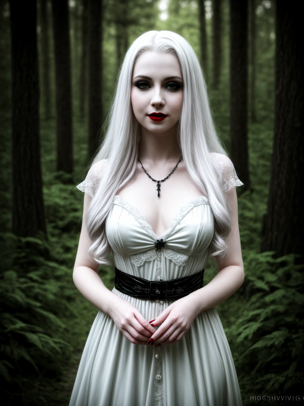 female sexy vampire|albino, pale porcelain skin, sexy vintage black dress, smile, shallow depth of field, grin|creepy, nightfall, detailed face, night, wide hips, narrow waist, portrait of woman standing, detailed eyes, portrait of woman standing, 8k RAW photo, highest quality, looking at the viewer, best shadow, intricate details, long hair, bright eyes, forest, grave, gothic, goth detailed, highres, high qualilty, high saturation