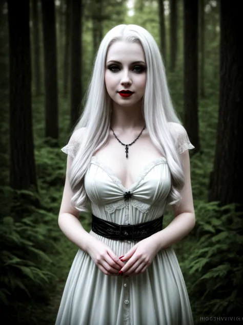 female sexy vampire|albino, pale porcelain skin, sexy vintage black dress, smile, shallow depth of field, grin|creepy, nightfall...