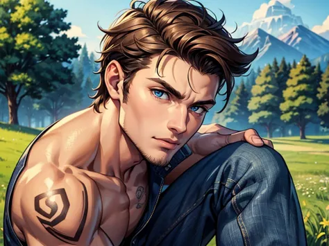 close-up of man, age 25, sculpted and built, ruggedly good looking, well kept, he has some tattoos, light brown hair, a robust a...