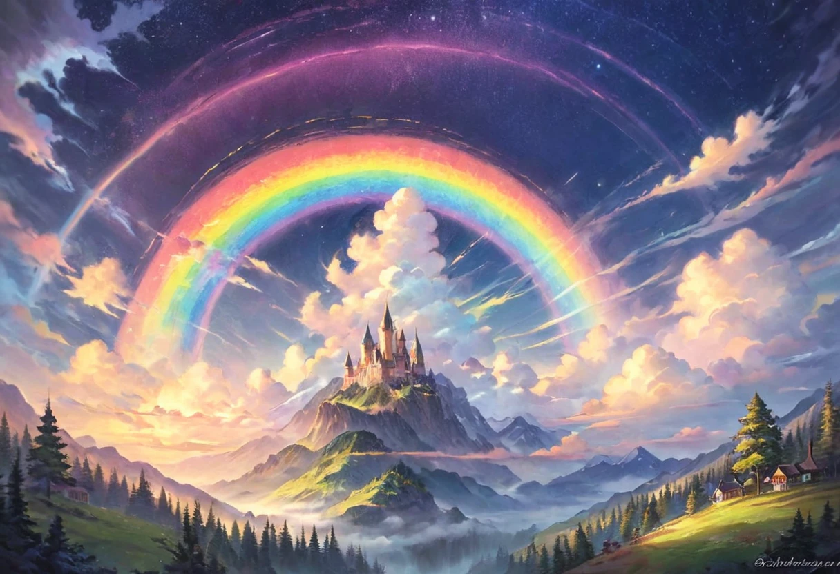 Compuesto de vibrantes colores del arco iris., Arco iris brillante entre nubes esponjosas en el cielo, Rodeado de una iluminación dinámica y fascinante.. arte de fantasía. Obra maestra 