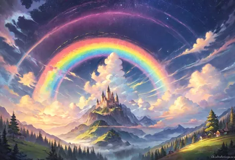 Made up of vibrant rainbow colors, Shining rainbow among fluffy clouds in the sky, Surrounded by dynamic and fascinating lightin...