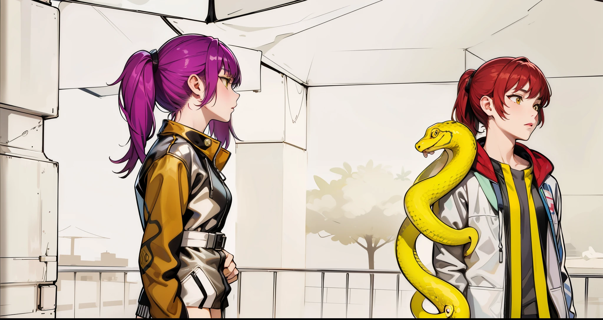 Anime characters standing next to each other with a snake on their shoulder  - SeaArt AI