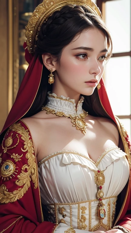 A young woman individual with delicate features, dressed in a lavish, historically-inspired costume suggestive of European aristocracy. They are adorned with an intricately embroidered doublet, featuring gold-threaded details and a prominent circular medallion at the chest. A ruffled white collar and a red cloak with detailed patterning complete their regal attire. The person's gaze is intense yet somewhat pensive.