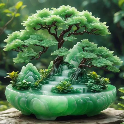 best quality，mountain of tree and pot relief rock, made of translucent jadeite, background grassland（（a masterpiece full of fant...