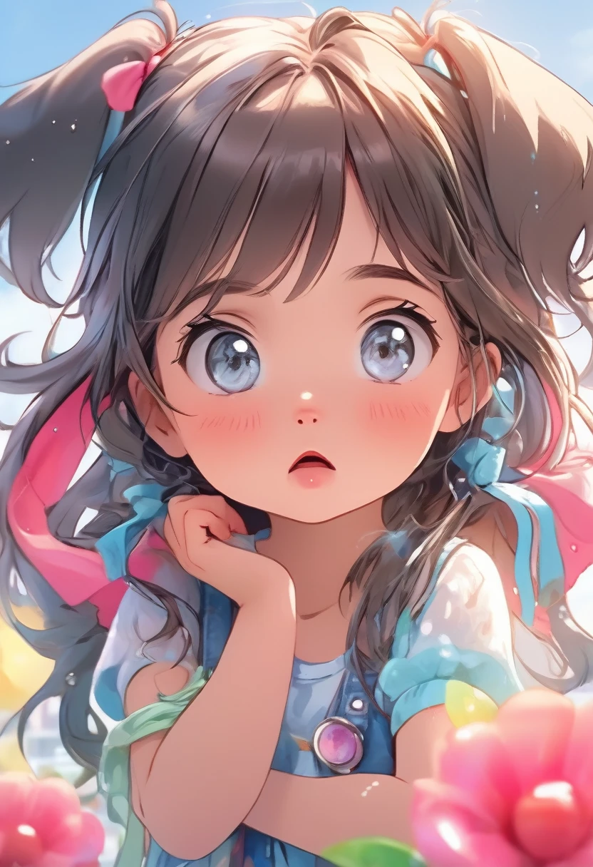 (Ilustraciones CG muy lindas y delicadas., Ultra detallado y ultra alta calidad),Niña bonita，bebita, Una expresión preocupada y llorando.,Perro gigante al fondo，Una chica, Vista de detalles. Colores vibrantes. Alta resolución.
