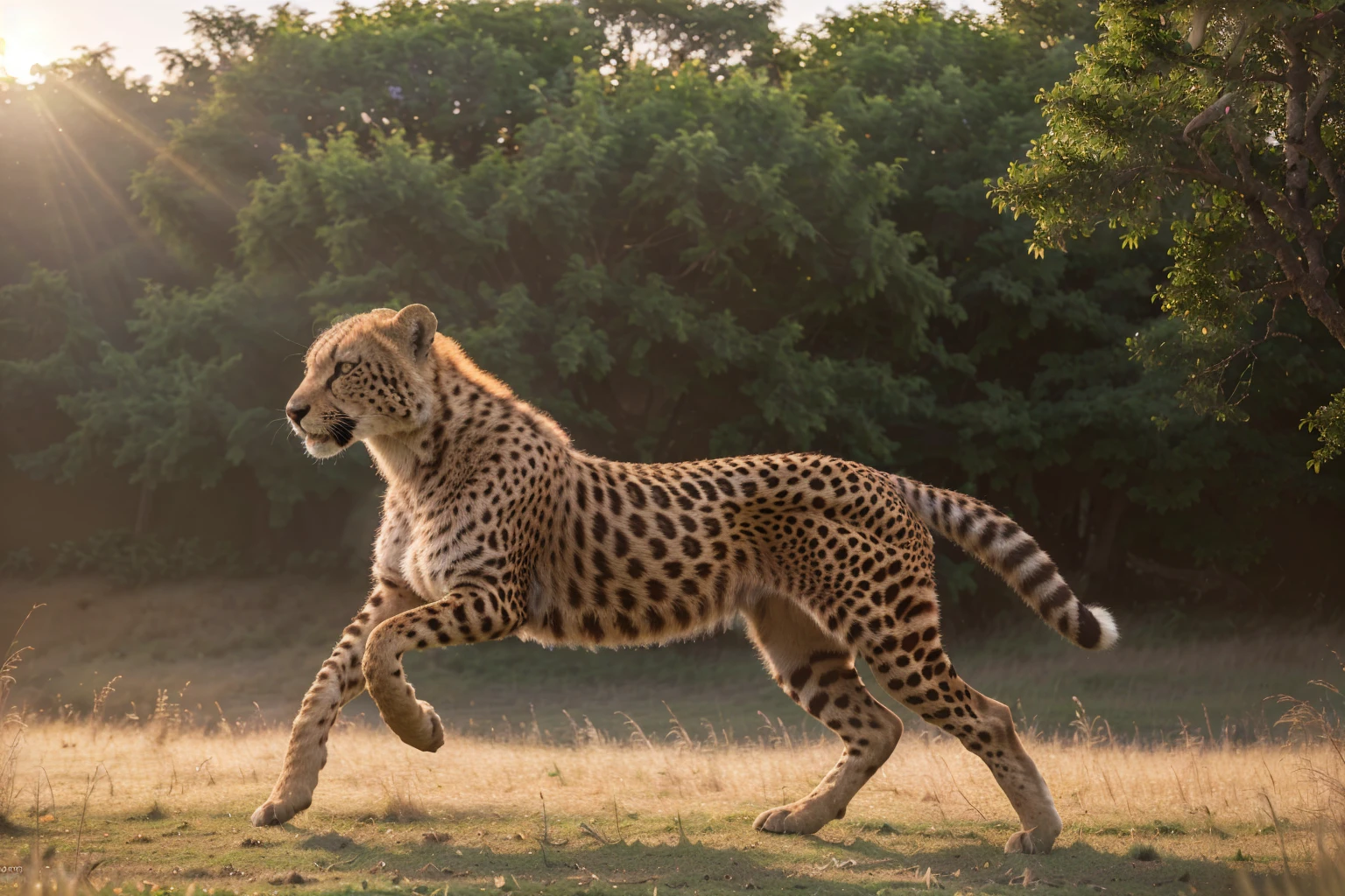 (best quality,4k,8k,highres,masterpiece:1.2),ultra-detailed,(realistic,photorealistic,photo-realistic:1.37),cheetah,muscular defined body,sharp intense eyes,running across grassland,sunset rays,high-speed motion blur,wildlife photography,rich details,HD quality,3D rendering,vivid colors,studio lighting