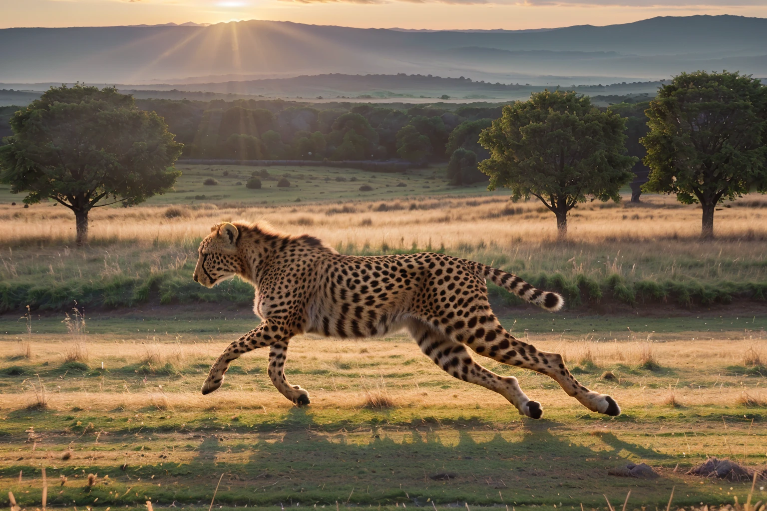 (best quality,4k,8k,highres,masterpiece:1.2),ultra-detailed,(realistic,photorealistic,photo-realistic:1.37),cheetah,muscular defined body,sharp intense eyes,running across grassland,sunset rays,high-speed motion blur,wildlife photography,rich details,HD quality,3D rendering,vivid colors,studio lighting