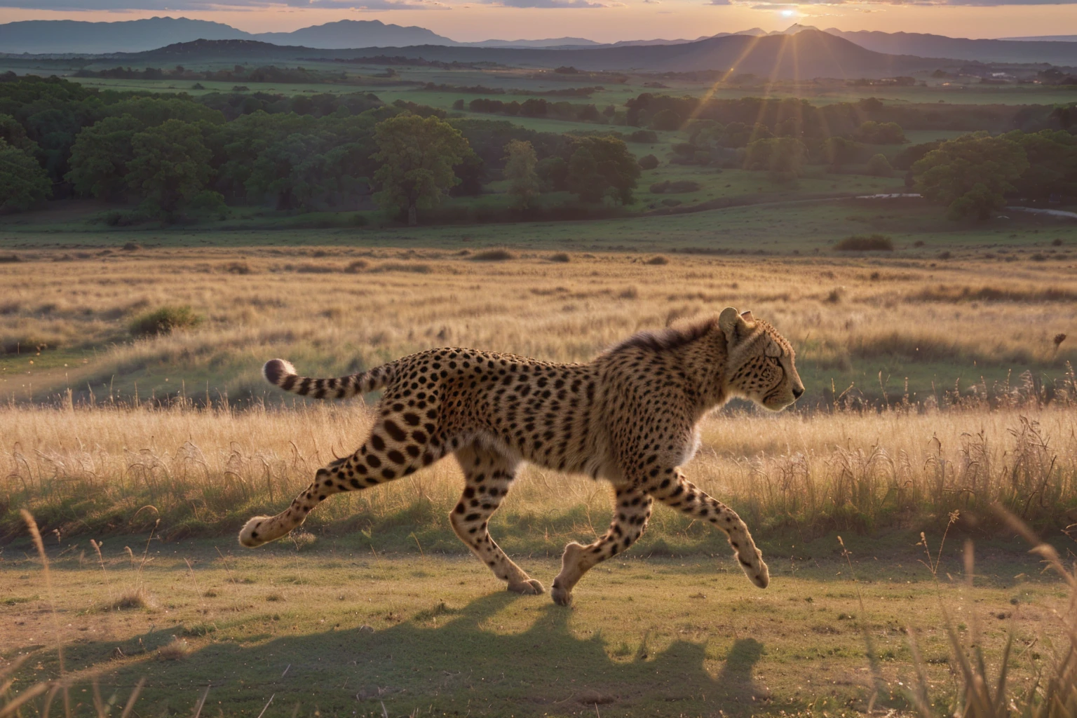 (best quality,4k,8k,highres,masterpiece:1.2),ultra-detailed,(realistic,photorealistic,photo-realistic:1.37),cheetah,muscular defined body,sharp intense eyes,running across grassland,sunset rays,high-speed motion blur,wildlife photography,rich details,HD quality,3D rendering,vivid colors,studio lighting