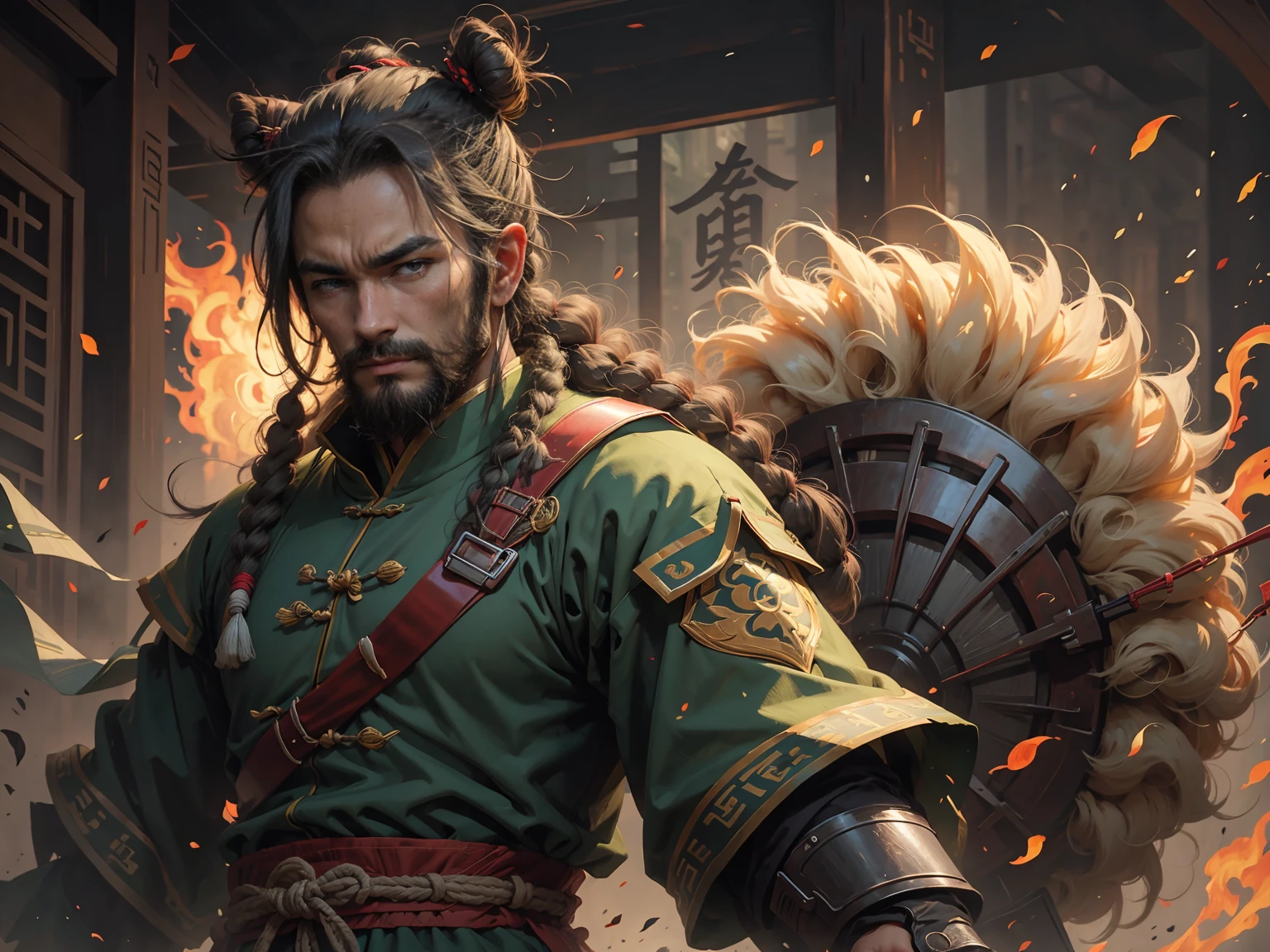 Full-length portrait of Chinese Liu Bei. His appearance is goat's beard, soft and charismatic. His topknot and light green armor unique to ancient China.