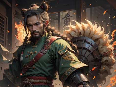 full-length portrait of chinese liu bei. his appearance is goat's beard, soft and charismatic. his topknot and light green armor...