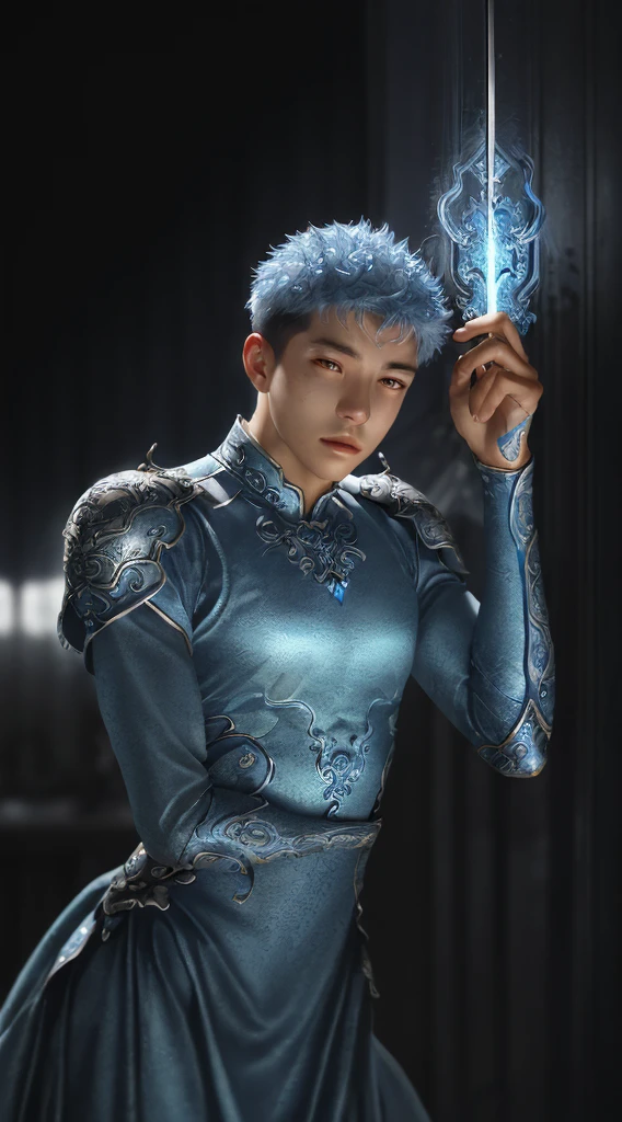 a close up of a young man in a silver and blue dress, chengwei pan on artstation, by Yang J, detailed fantasy art, stunning character art, fanart best artstation, epic exquisite character art, beautiful armor, extremely detailed artgerm, detailed digital anime art, artgerm on artstation pixiv, armoured man 